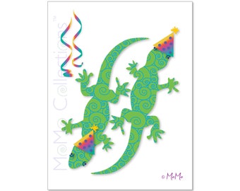 Tarjeta de cumpleaños imprimible (party geckos): tarjeta de descarga digital, diseños coloridos originales, versos pegadizos, para ella, él, amigo o familia