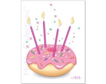 Tarjeta de cumpleaños imprimible (donut rosa): tarjeta de descarga digital, diseños coloridos originales, versos pegadizos, para ella, para él, amigo o familia