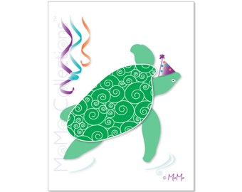 Tarjeta de cumpleaños imprimible (tortuga marina de fiesta): tarjeta de descarga digital, diseños coloridos originales, versos pegadizos, para ella, él, amigo y familia