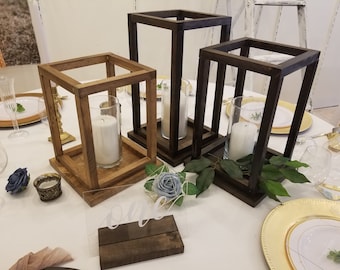 3 Rustic Wooden Candle Lanterns, Wedding Lanterns, Wooden Table Centerpieces, Rustic Wood Candle Lantern Centerpiece