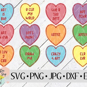 May include: Nine heart-shaped designs with various art-themed phrases, including "Art is Bae", "U CLR My WRLD", "Hue R The Best", "Art TCHR", "Art 4 Eva", "Let's Paint", "Artist", "Artsy", "I Luv 2 CR8", "Draw Me", "Crazy 4 Art", and "CLR LVR".