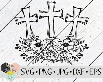 花の十字架 SVG、Cricut 用 SVG ファイル、シルエット ファイル、カット ファイル、花の SVG、イースター SVG、キリスト教 SVG、DXF レーザー ファイル、ビニール デカール