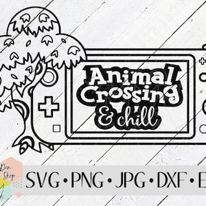 May include: Black and white line art design of a video game console with the text "Animal Crossing & chill" on the screen. A tree with leaves is on the left side of the console.