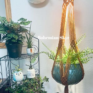 May include: A macrame plant hanger with a teal ceramic pot filled with green plants. The plant hanger is brown and suspended from the ceiling. Other plants in pots are on a black metal shelf. The word "GROW" is on a white bottle.