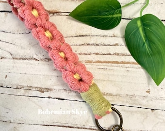 Macrame Flower Wristlet Lanyard, Mini Keychain