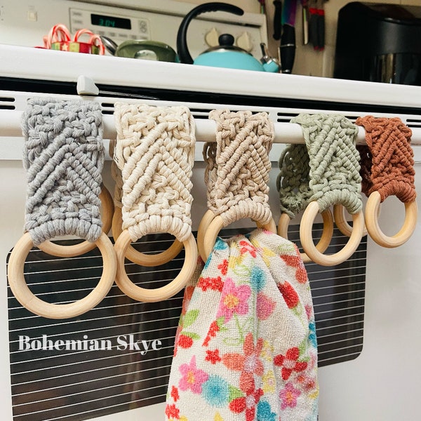 Macrame dish towel holder, boho kitchen decor, Mother’s Day gift idea, macrame ring towel holder,