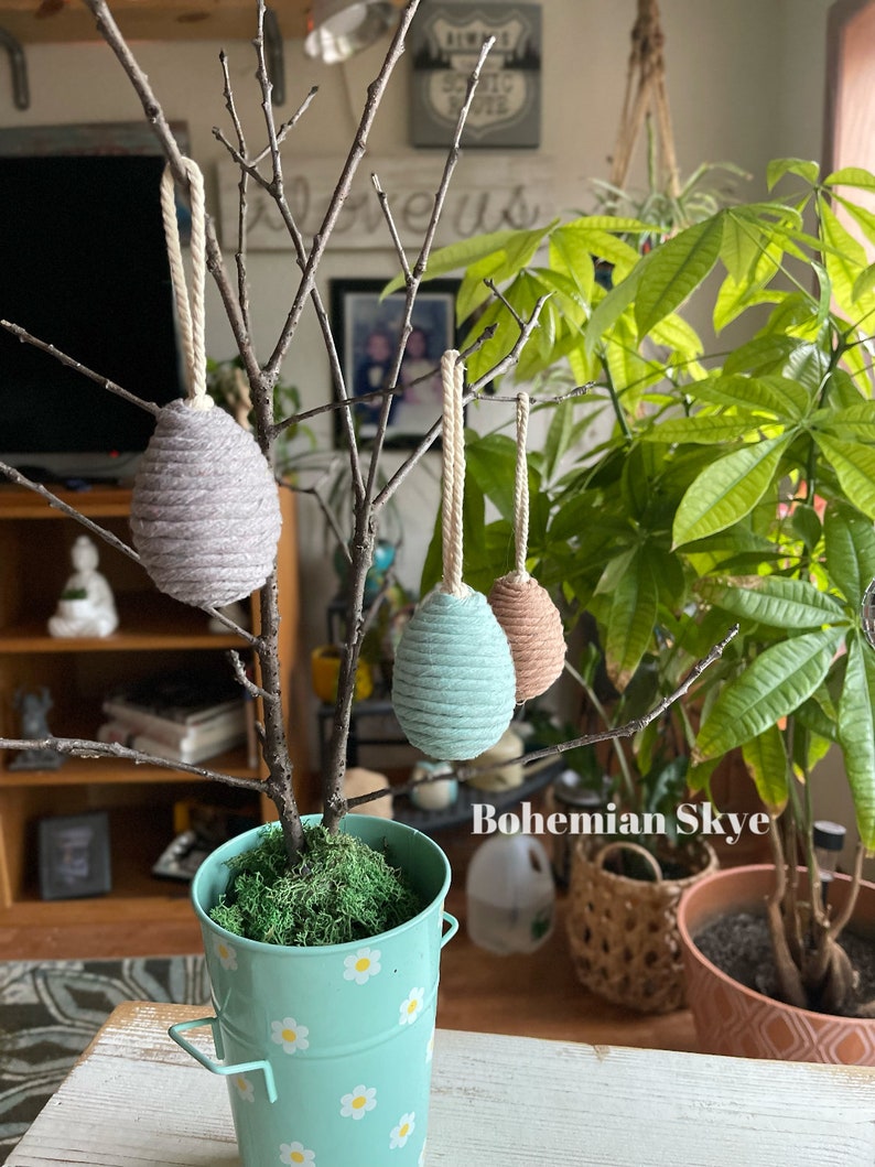 Peut inclure: Trois &oelig;ufs d&eacute;coratifs en corde, suspendus &agrave; une branche nue dans un pot vert avec de la mousse. Les &oelig;ufs sont gris, bleu clair et marron. Le pot a un motif de marguerite blanche. Le texte "Bohemian Skye" est visible sur l'image.