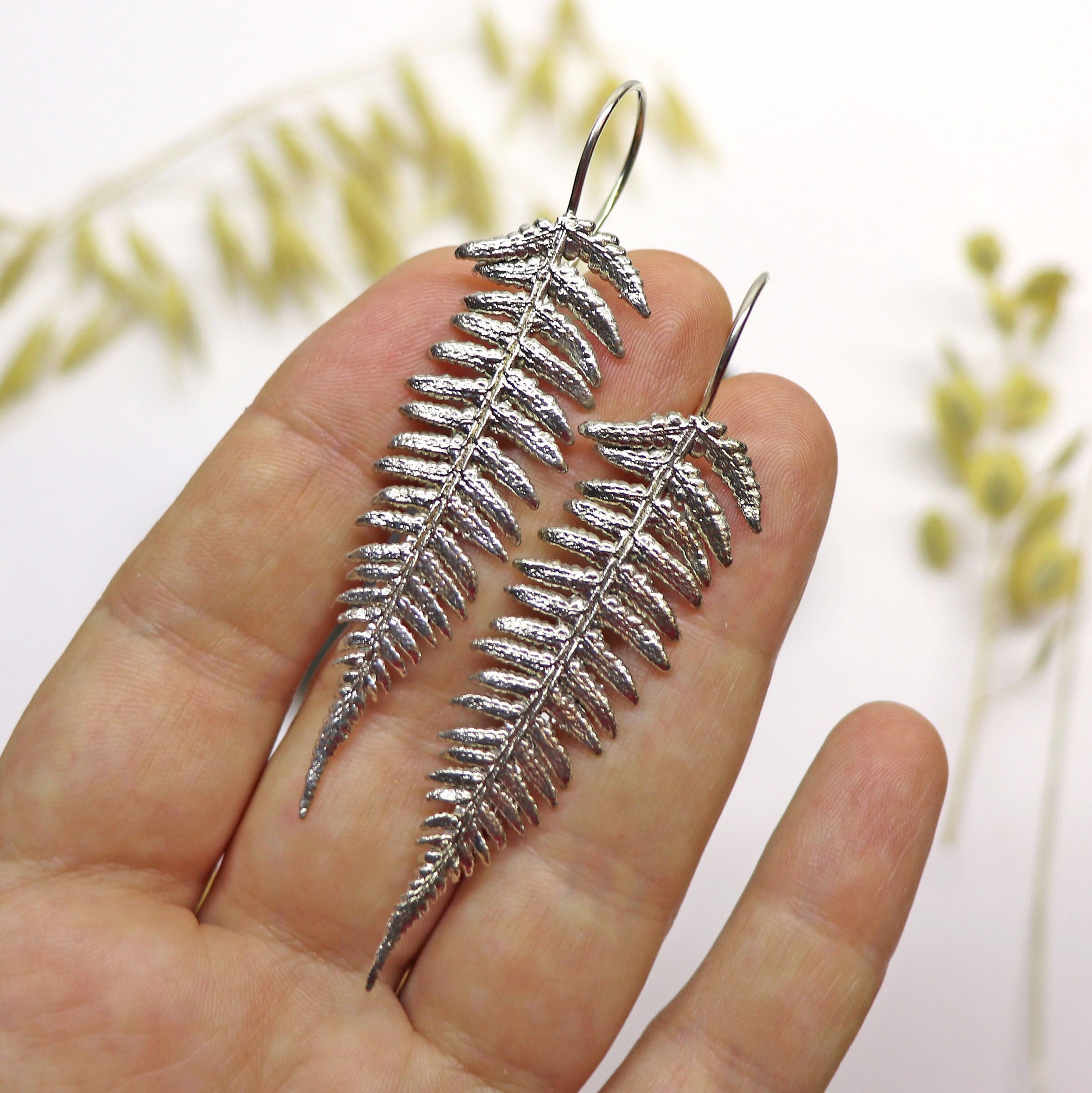 Botanical fern leaf earrings silver fern earrings long fern Etsy