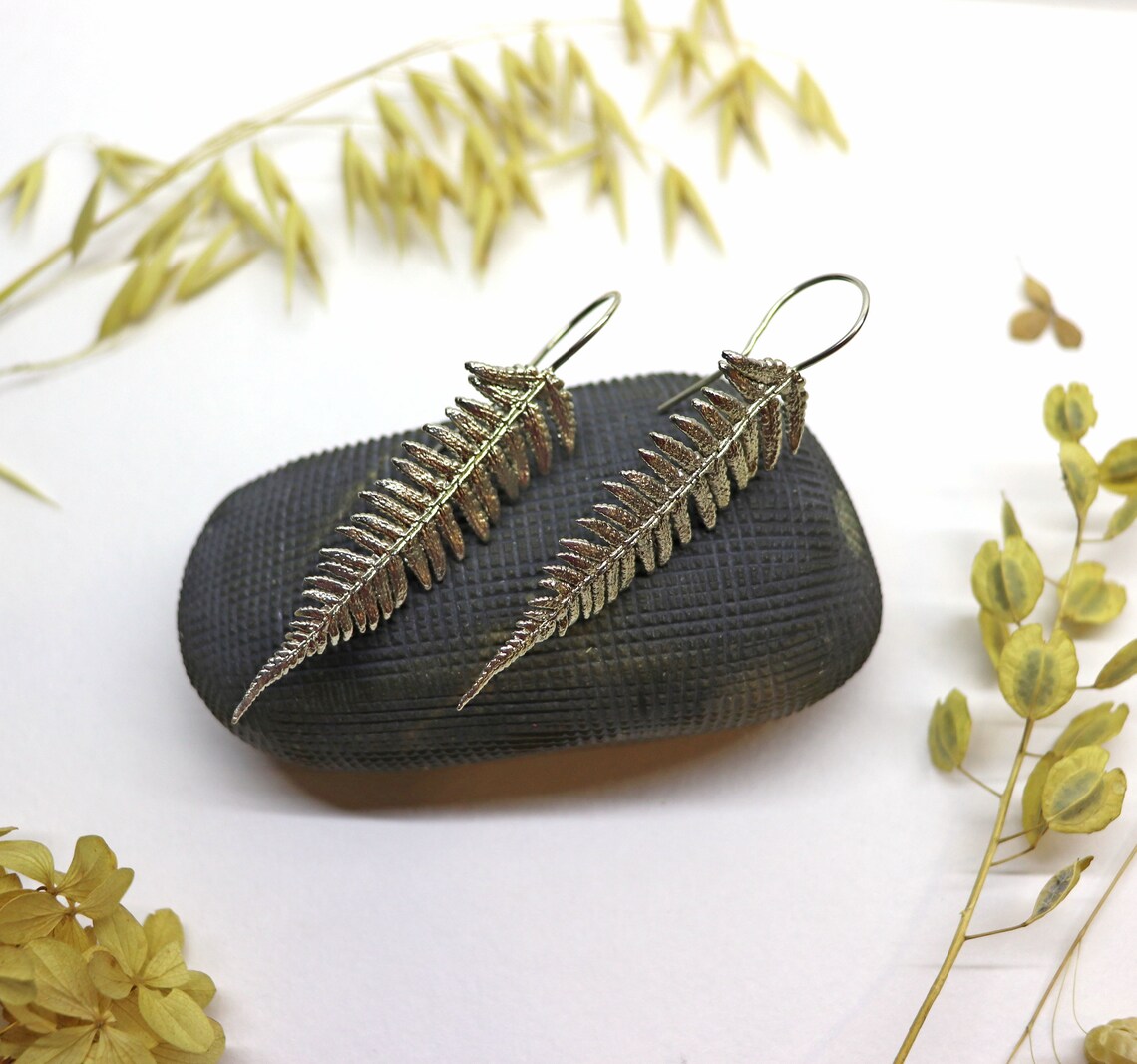Botanical fern leaf earrings silver fern earrings long fern Etsy