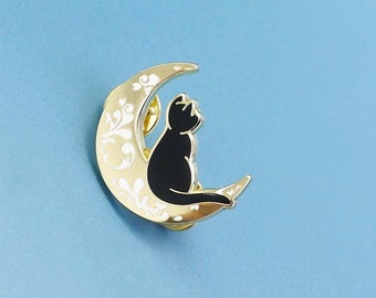 Black cat enamel pin, witch badge, celestial cat lady gift, fantasy pin, mini enamel pin, cat lover gift idea, hard enamel pin for backpack