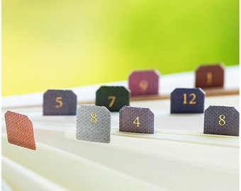 May include: A collection of numbered file folder tabs in various colors, including gray, green, and purple. The numbers are in gold and range from 1 to 12. The tabs are arranged in a row, with a blurred green background.