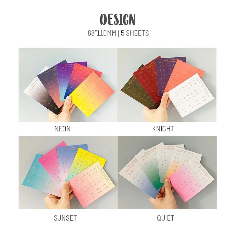 May include: Five sheets of gradient color paper with gold foil lettering. The colors are neon, knight, sunset, and quiet. Each sheet is 88 by 110 mm.