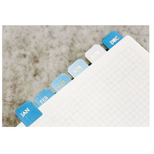 May include: A set of blue tab dividers with gold lettering for a planner or notebook. The tabs are labeled with the months of the year: January, February, March, April, June, and December.