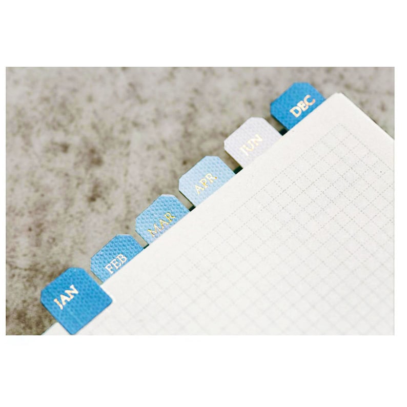 May include: A set of blue tab dividers with gold lettering for a planner or notebook. The tabs are labeled with the months of the year: January, February, March, April, June, and December.