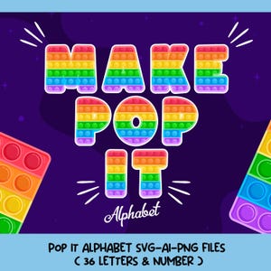 Op de afbeelding: Een grafisch ontwerp met de woorden "MAKE POP IT" in een regenboogkleurig pop-it-lettertype. Het woord "Alphabet" staat eronder. De achtergrond is donkerpaars met steraccenten. Twee pop-it-speelgoedjes staan in de hoeken.