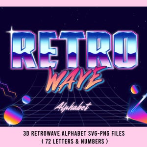 May include: A digital graphic design featuring the words "RETRO WAVE Alphabet" in a 3D, gradient style. The design has a retro aesthetic with a dark blue background, a grid, and colorful geometric shapes. The text "3D RETROWAVE ALPHABET SVG-PNG FILES (72 LETTERS & NUMBERS)" is at the bottom.