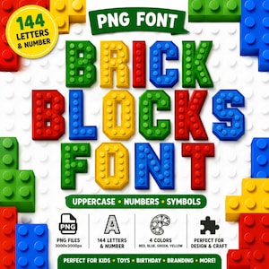 Puede incluir: Un diseño de fuente digital colorido, "BRICK BLOCKS FONT", en letras mayúsculas, números y símbolos. La fuente está diseñada para parecer bloques de construcción de juguete en rojo, azul, verde y amarillo. Incluye 144 letras y números, ideal para diseño y manualidades.