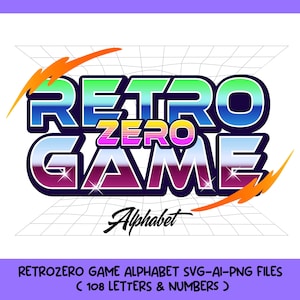May include: Retro Zero Game alphabet design in a retro style with a grid background and lightning bolt accents. The design features the words "RETRO ZERO GAME" in a gradient color scheme, with the word "Alphabet" below.