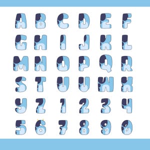Blue orange bubble alphabet SVG AI PNG for retro craft designs, Groovy blue orange font letters for Cricut and Silhouette projects, Playful retro bubble style letter set for party invitations