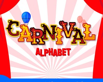 May include: A colorful carnival-themed graphic with the word "CARNIVAL" in large, stylized letters. The word "ALPHABET" is below in red. A blue hot air balloon and pink balloons are included in the design. The background has a circus tent theme.