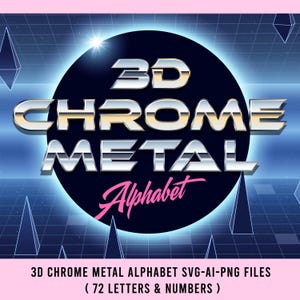 May include: A digital graphic design featuring the text "3D CHROME METAL Alphabet" in a metallic, chrome-like font. The design is set against a dark blue circular background with a grid pattern and a pink border. The text "3D CHROME METAL ALPHABET SVG-AI-PNG FILES (72 LETTERS & NUMBERS)" is at the bottom.