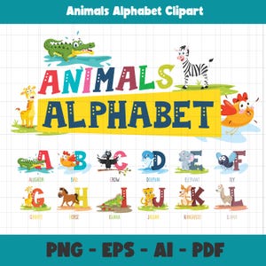 Clipart del alfabeto de animales para niños: Letras de animales lindas de la A a la Z PNG EPS AI PDF / Tarjeta didáctica y regalo de cumpleaños para niños