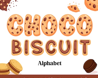Puede incluir: Gráfico de dibujos animados con las palabras "CHOCO BISCUIT" en una fuente tipo galleta. Las letras son de color canela con detalles de chispas de chocolate. Debajo, la palabra "Alphabet" está escrita. Se incluyen imágenes prediseñadas adicionales de galletas y bizcochos.