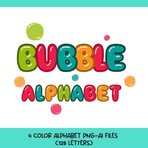Pode incluir: Imagem de um alfabeto de bolhas coloridas com as palavras "BUBBLE ALPHABET". As letras são verdes, vermelhas, laranja e turquesa sobre um fundo branco. A imagem inclui bolhas coloridas e o texto "4 COLOR ALPHABET PNG-AI FILES (128 LETTERS)".