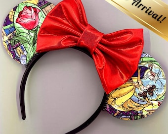 Beauty and the Beast Stained Glass Themed Mouse Ears - Custom Bow!