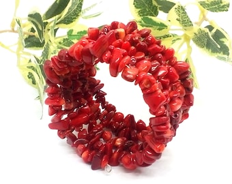 Bracciale in corallo rosso, bracciale regolabile con filo di memoria, gioielli con pietre preziose in corallo naturale, polsino con scritta Boho, regalo con scaglie di corallo rosso per lei