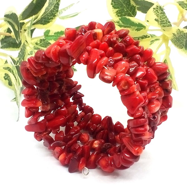 Red Coral Memory Wire Bracelet, Red Coral Wire Wrap Bracelet, Red Coral Jewelry, Red Coral Chip Cuff Bracelet, Adjustable Stone Bracelet