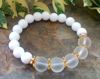 Rock Crystal Matte Bracelet, White Agate Bracelet, Rock Crystal Wrist Mala,  White Agate Wrist Mala, Healing White Stone Elastic Bracelet