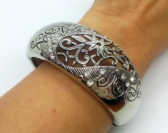 Silver Metal Crystal Bangle Bracelet, Silver Bangle Cuff Bracelet, Opening Silver Metal Bracelet, Vintage Women Jewelry, Rhinestone Bracelet