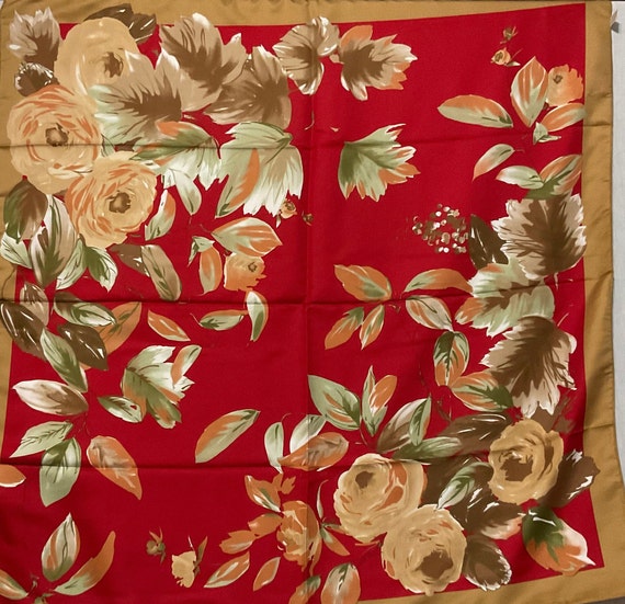 Vintage 35” square floral design scarf silk feel … - image 1
