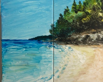 Vista sulla spiaggia di Corfù / Pittura ceramica / Arte murale colorata / Murale di piastrelle / Piastrelle lucide / Arte britannica