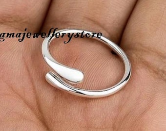 Minimalist Sterling Silver Waterdrop Ring, Adjustable Nature Jewelry, 925 Boho band,