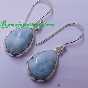 925 Sterling Solid Silver Smooth Pear Stone Earrings, Natural Larimar Gemstone Silver Earrings, Handmade Women Wedding Earrings Gift Idea,