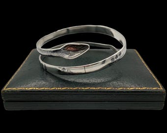 Beautiful Antique Circa 1940s Art Deco Grand Tour Egyptian Revival Skillfully Crafted Decorative Niello Sterling Silver Snake Bangle - 9"