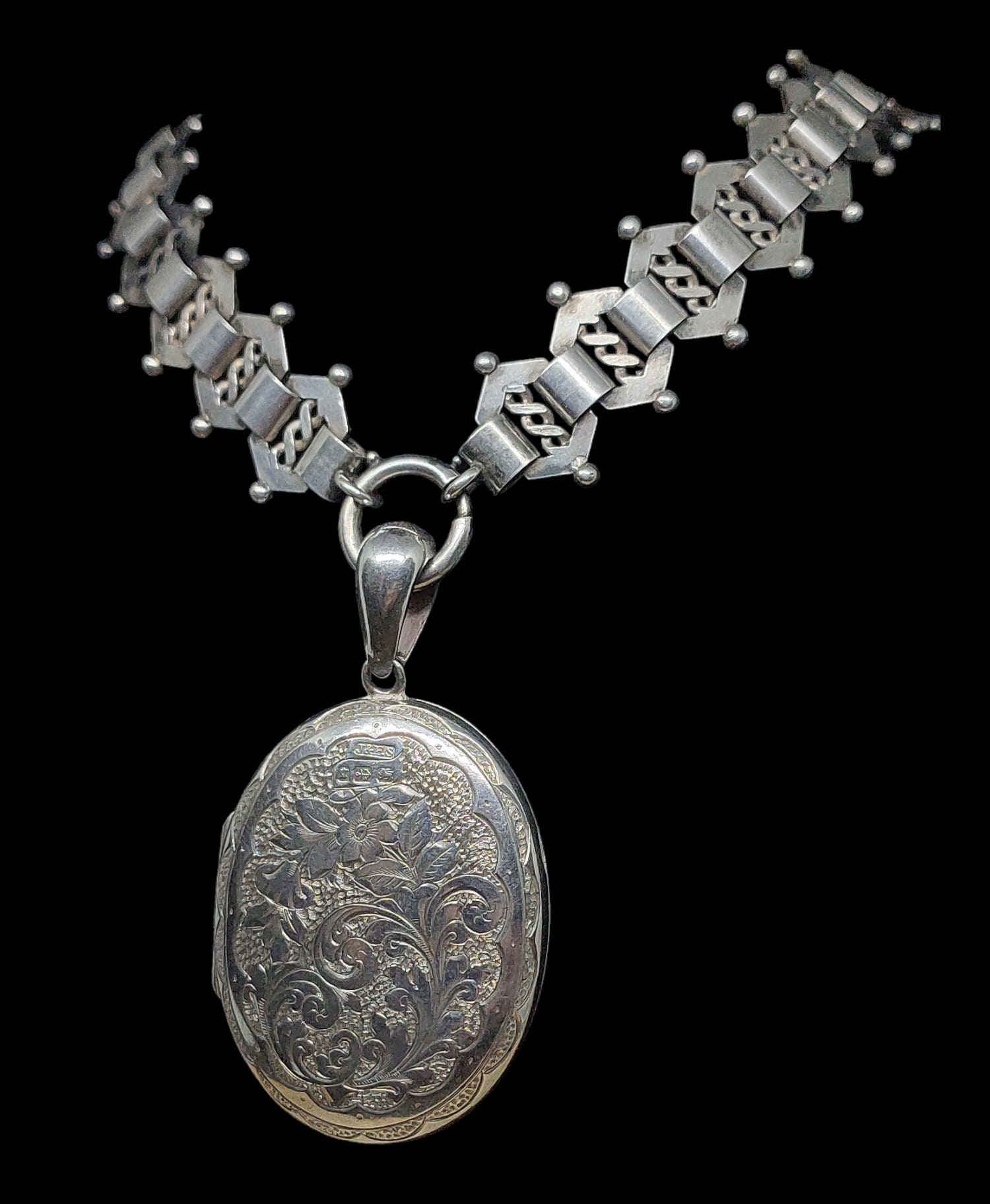 Beautiful Antique Victorian Birmingham 1881 J F.S Hallmarked Decorative Floral Etched Large Oval Sterling Silver Locket Collar Necklace
