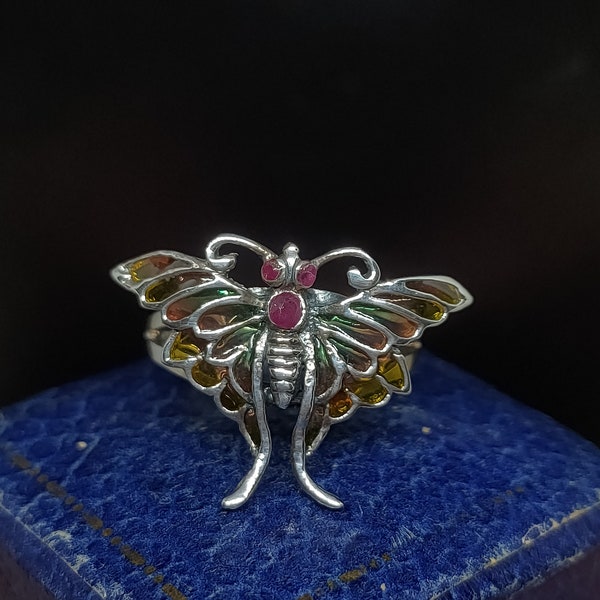 Beautiful Modern Art Nouveau Inspired Decorative Naturalistic Colourful Plique A Jour Natural Ruby Gemstone Sterling Silver Butterfly Ring