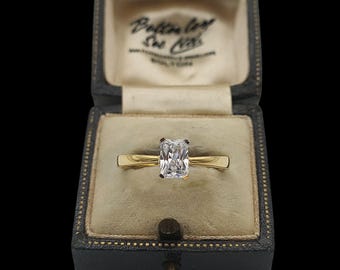 Amazing Modern Skillfully Crafted Sparkling Solitaire Emerald Cut Cubic Zirconia Yellow Gold Vermeil Sterling Silver Ring - size R / 8.5