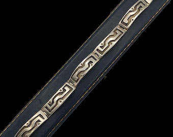 Beautiful Vintage Skillfully Crafted Statement Design Decorative Aztec Navajo Inspired Mexican TT56 Signed Sterling Silver Panel Bracelet