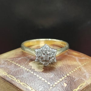 Beautiful Vintage Birmingham Hallmarked Decorative Art Deco Inspired Natural Gemstone .33 Carat Diamond Floral Cluster 18ct Yellow Gold Ring