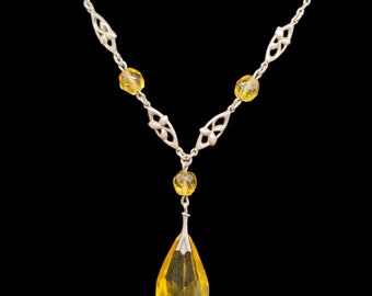 Beautiful Antique Early 20th Century Art Deco Floral Inspired Design Ward Brothers Citrine Golden Yellow Crystal Sterling Silver Necklace