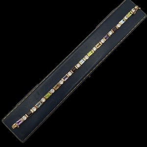 Beautiful Vintage Skillfully Crafted Statement Design Sparkling Natural Multi Coloured Gemstone Gold Vermeil Sterling Silver Tennis Bracelet