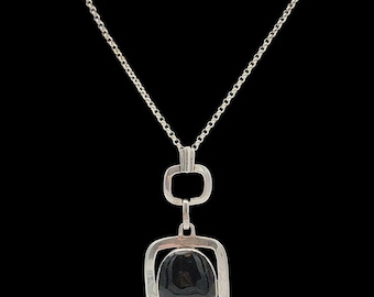 Beautiful Vintage Circa 1980s Skillfully Crafted Decorative Bezel Set Natural Gemstone Whitby Jet Sterling Silver Pendant Necklace - 20-22"