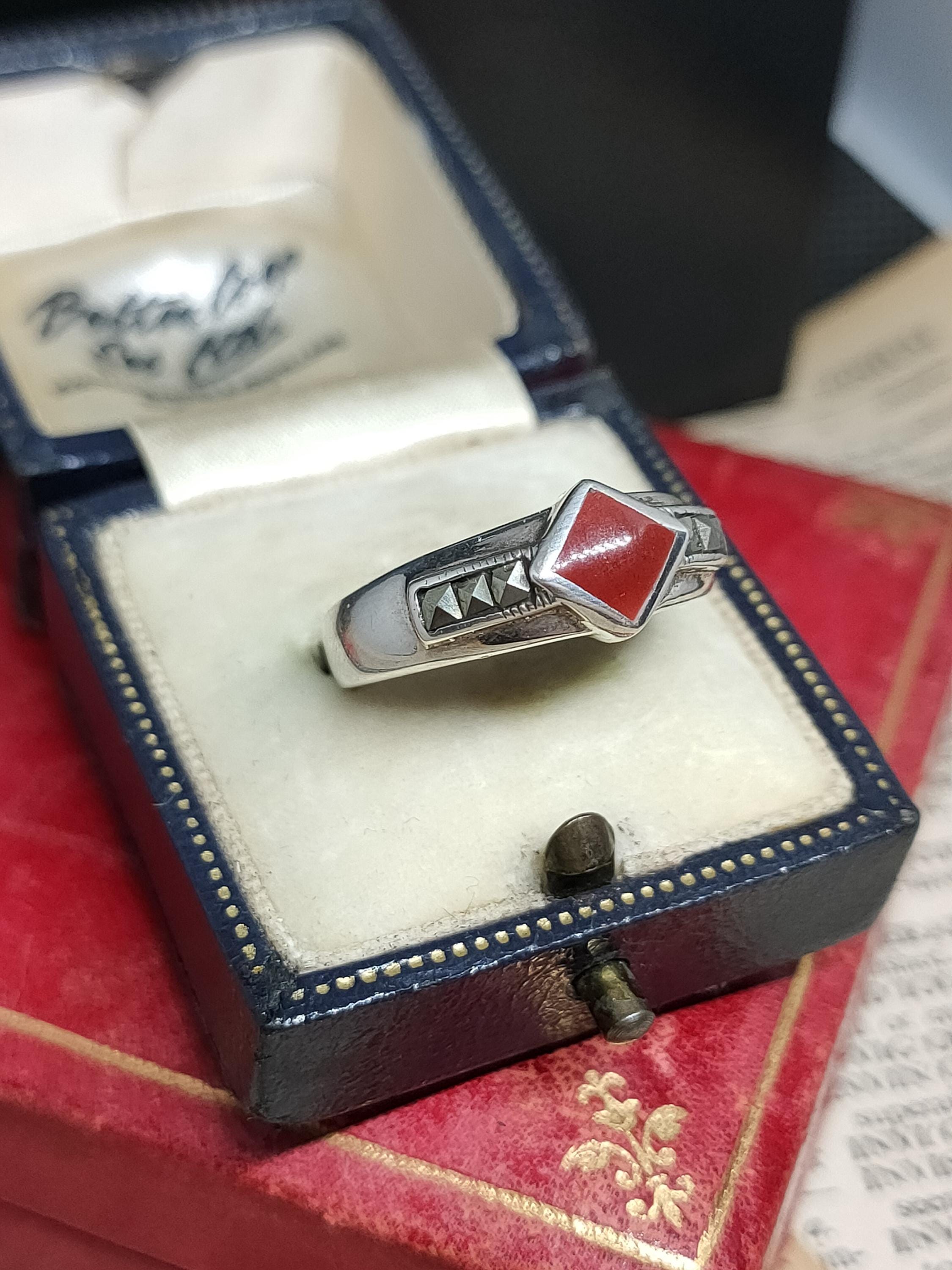 Bague Argent 925 Avec Marcassites Et Cornaline - Occasion, Fabrication Française