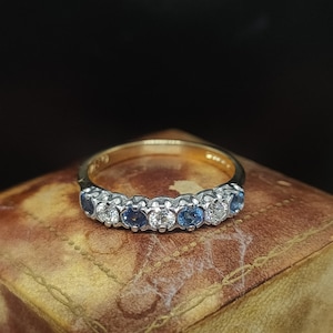 Beautiful Vintage Birmingham Hallmarked Decorative Set Seven Stone Half Hoop Eternity 0.30 Carat Diamond Sapphire 18ct Yellow Gold Ring