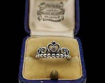 Beautiful Modern Skillfully Crafted Designer Pandora Decorative Scrolling Solitaire Cubic Zirconia Sterling Silver Tiara Ring - size I1/2