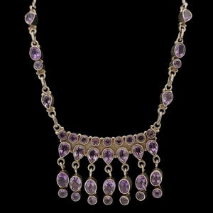 Beautiful Vintage Skillfully Crafted Statement Design Dangle Drop Sparkling Natural Gemstone Amethyst Sterling Silver Necklace - lgth 17&quot;